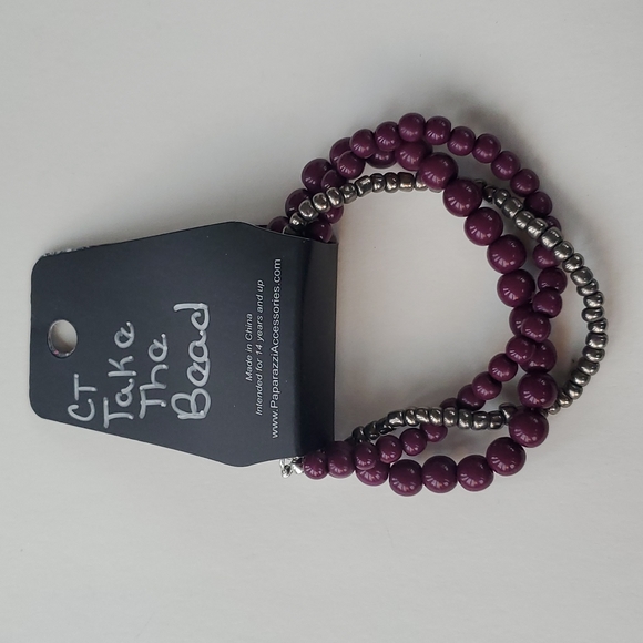 Boutique Paparazzi Plum Purple Dark Grey 3 Stranded Beaded Adjustable Bracelet - Picture 4 of 5